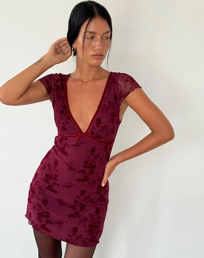 Luth Mini Dress in Ditsy Flocked Burnt Maroon