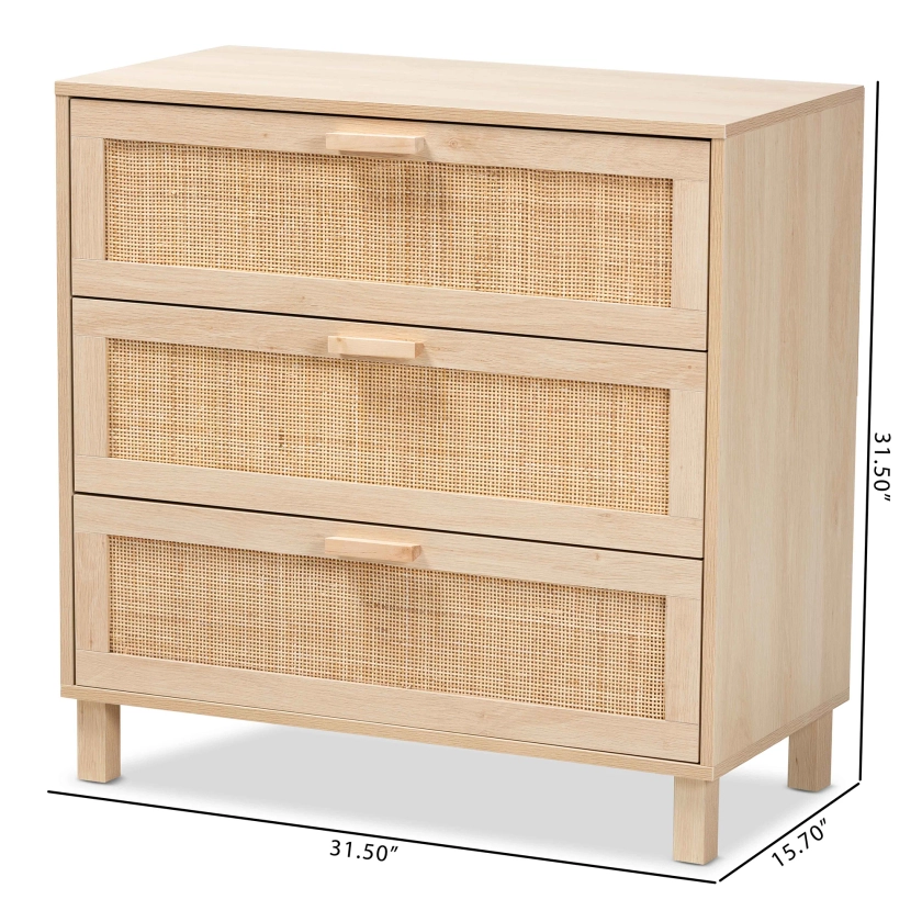 Sebille Mid-Century Modern Light Brown Finished Wood 3-Drawer Storage Cabinet with Natural Rattan