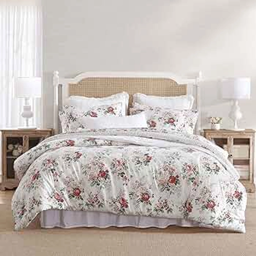 Laura Ashley - Queen Comforter Set, Reversible Brushed Cotton Flannel Bedding with Matching Shams, Luxuriously Soft & Warm Home Decor (Ashfield Red, Queen)