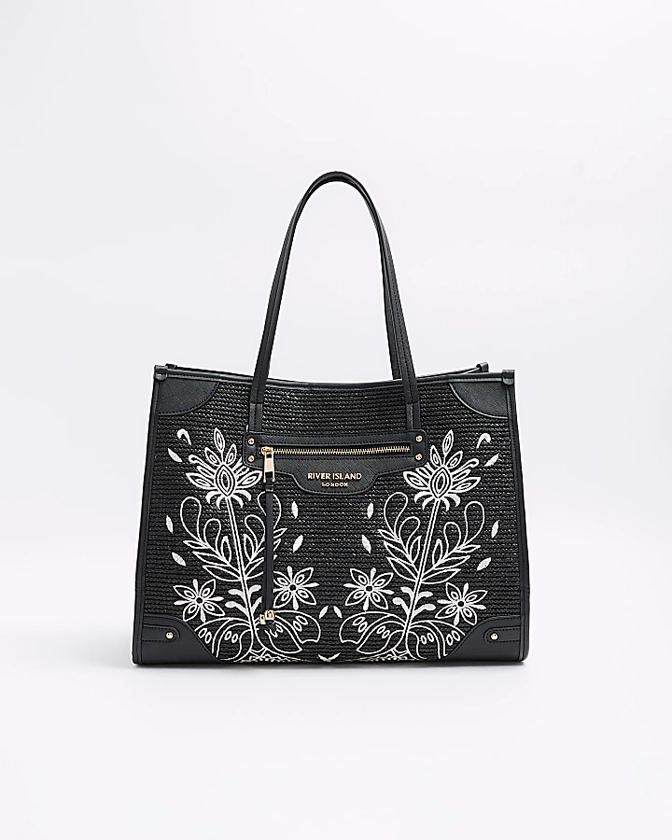 Black raffia embroidered tote bag | River Island