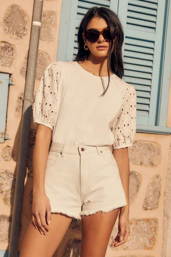 Buy Friends Like These White Broderie Puff Sleeve Round Neck Top from the Next UK online shop