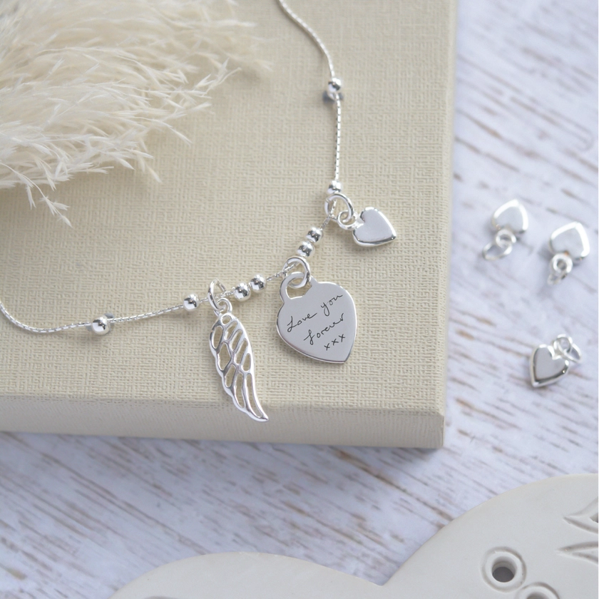 Sterling Silver Anklet - Silver Heart with Handwriting, Cutout Wing & Puffed Heart Charms - The Perfect Keepsake Gift