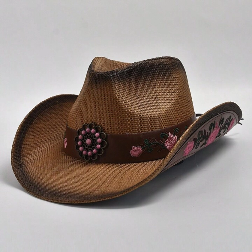 Three-Dimensional Embroidery Western Style Straw Hat For Women Men Outdoor Vacation Beach Sun Hat Boho