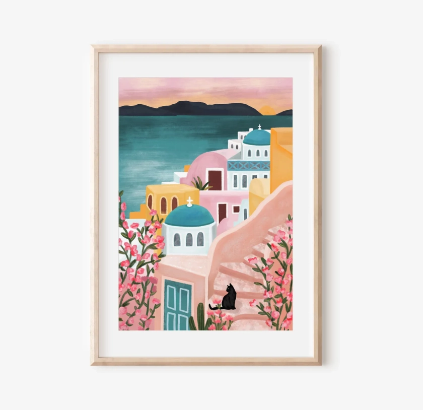 Gravure de Santorin / Art mural grec / Impression de voyage / Art mural Boho / Impression rose / Décoration intérieure / Art mural / Impression florale / Impression de plage
