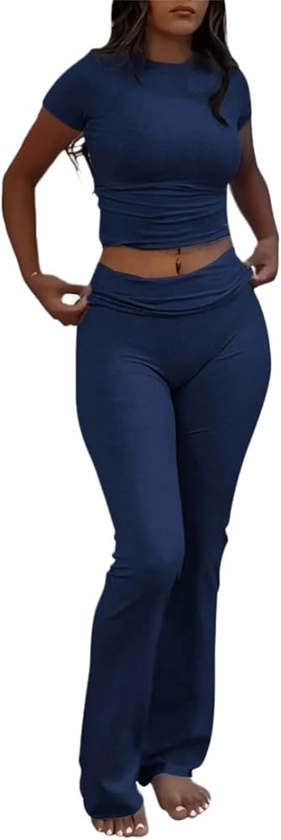 AYWA Women's 2 Piece Lounge Sets Short Sleeve Crop Top Foldover Flare Pants Casual Pajama Outfits (Navy, Small) at Amazon Women’s Clothing store