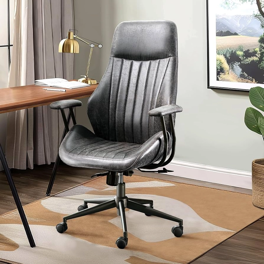 Mid Century Modren Office Chair,High Back Ergonomic Executive Chair with Lumbar Support, Computer Desk Swivel Task Chair with Wheels, Faux Lether Suede Fabric Home Chair (High Back, Grey)