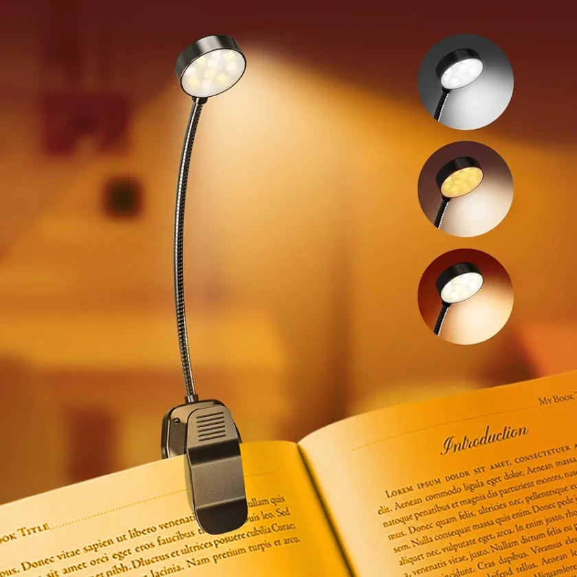 Rechargeable Book Reading Light - Adjustable Brightness, 3 Color Temperatures, 30+ Hours Runtime - Eye Care 10 LED Lamp for Reading for Bed