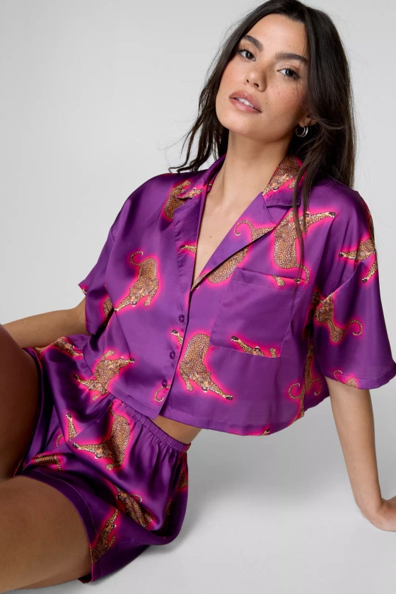 Satin Ombre Leopard Boxy Pajama Shirt And Short Set