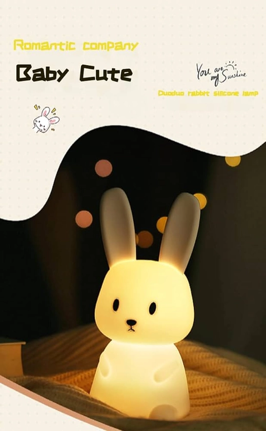 SOLIDEE Veilleuse Bebe Bunny Avec 7 Changements de Lumière Contrôle de tap Recharge USB Fonction Minuterie Lampe de Chevet Pour Chambre D'enfant Cadeau Jouet Veilleuse en Silicone Pour Enfant