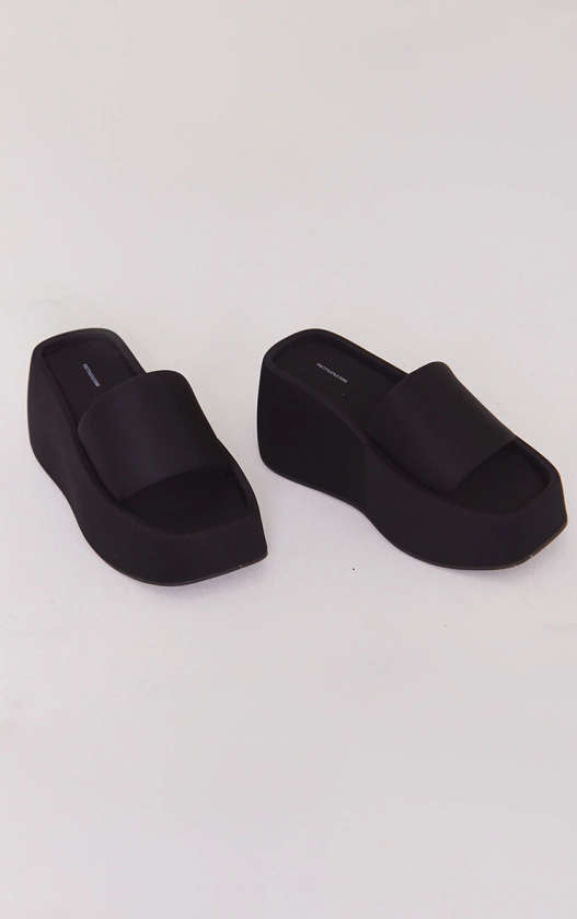 Black Stretch Chunky Platform Wedge Heel Sliders