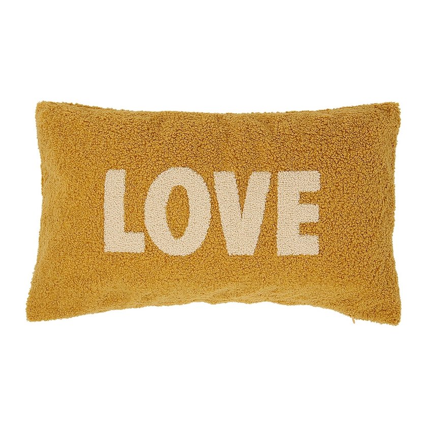 Housse de coussin bouclette "Love" moutarde et beige 50x30cm - Funky