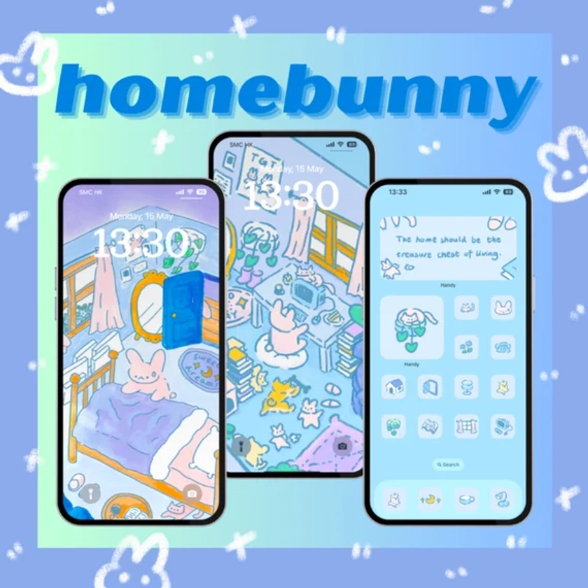 home bunny homebody icon set, cute icons, icon set, iOS and Android app icons, Widgets, Wallpapers for phone and iPad, Aesthetic Icon pack
