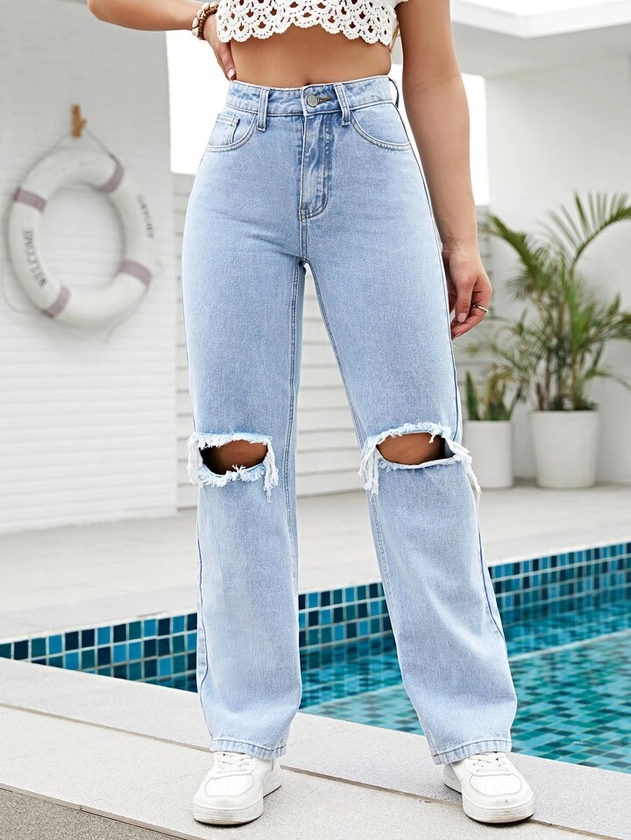 SHEIN VCAY High Waist Ripped Straight Leg Jeans