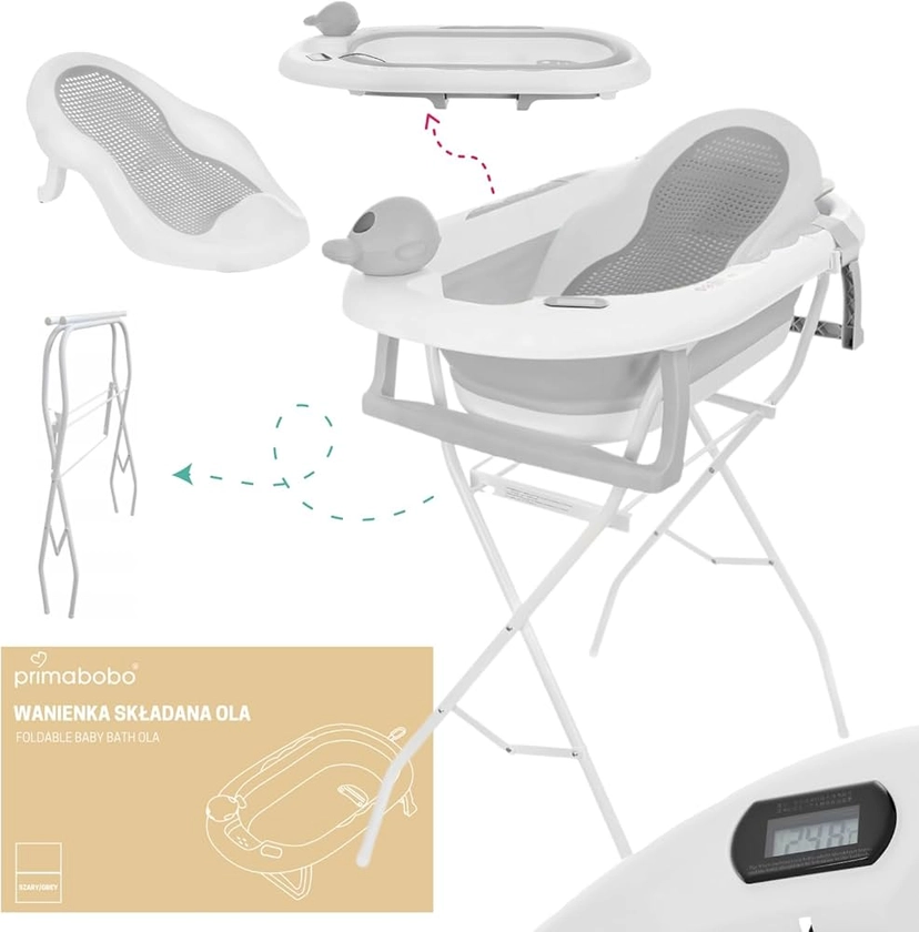 Primabobo Baignoire pour bébé pliante avec support 81cm, baignoire pour bébé vec thermomètre et support pliable (Baignoire avec sièges de bain et support)