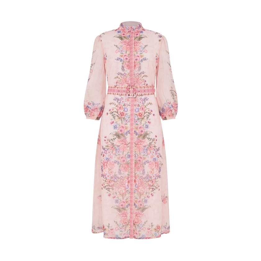 Pink Rose Floral half Length Sleeve Belted Midi Shirt Dress by Raishma