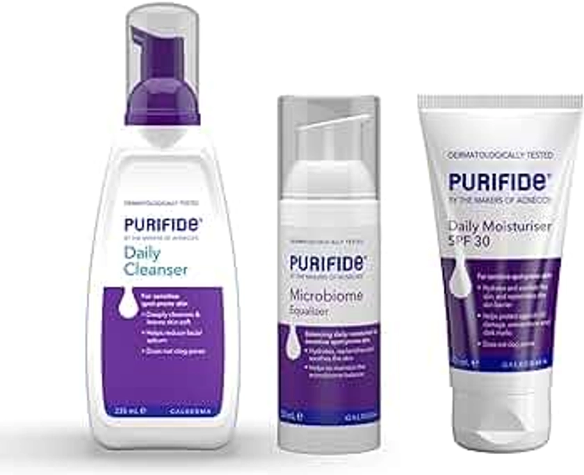 Purifide by Acnecide Re-set Skincare Set, with Microbiome Equalizer for Blemish-Prone Skin (50ml), SPF 30 Moisturiser (50ml) + Daily Cleanser (235ml)