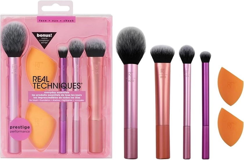 Real Techniques Everyday Essentials + Makeup Sponge Kit, 4 Makeup Brushes and 2 Makeup Blender Sponges,Blush, Bronzer, Eyeshadow, and Powder, Synthetic Bristles, Cruelty-Free, 6 Piece Set : Amazon.co.uk: Beauty