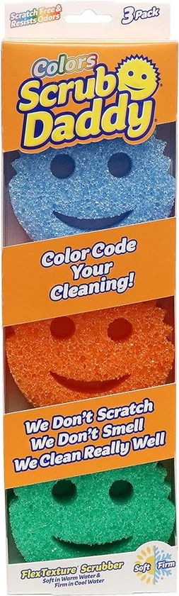 Scrub Daddy Color Eponge Smiley Anti-Rayures, Eponge Vaisselle Lavable Antibactérienne et Réutilisable, Eponges Vaisselles pour Cuisine et Salle de Bain, Éponge à Récurer Flextexture - Lot de 3