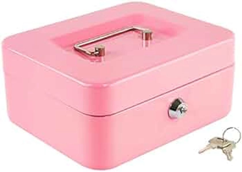 xydled Locking Steel Medium Cash Box with Removable Coin Tray and Key Lock,7.87"x 6.30"x 3.54",Pink
