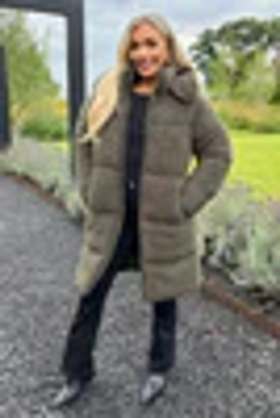 Khaki Teddy Panelled Long Coat