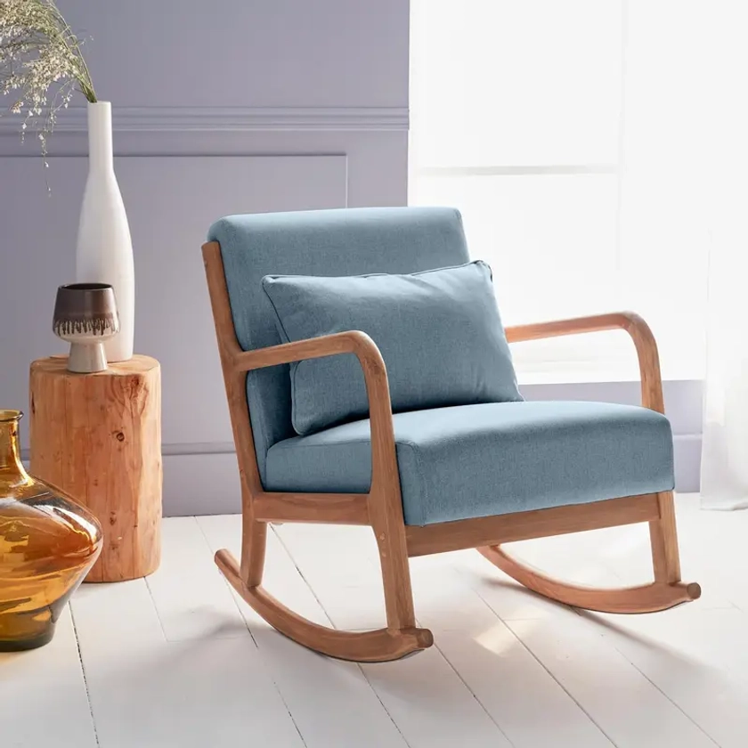Rocking chair design tissu bleu et bois - Lorens Rocking | sweeek