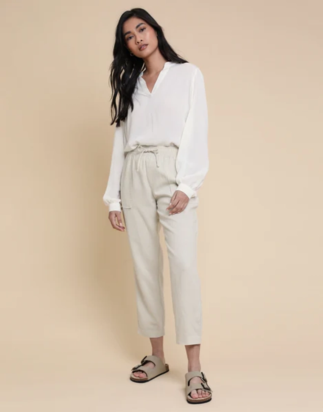 Women's Petite Stone Linen Blend Drawstring Trousers