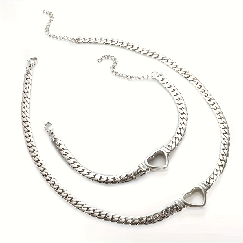 2pcs Stainless Steel Trendy Cuban Chain Heart Necklace, Hollow Flat Plain Snake Chain Love Necklace Bracelet, Gift For Men And Women Jewelry Set