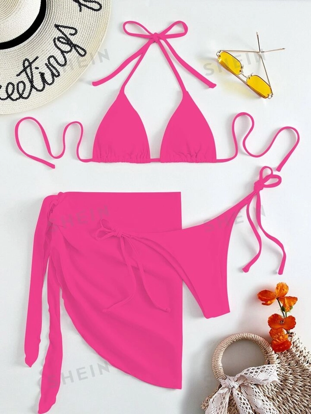 SHEIN Swim Basics Bikini triangulaire ras-du-cou avec jupe de plage