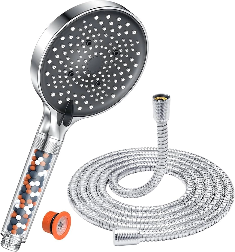 Duche Head with 1.6 m Hose, YEAUPE PRO Water Saving Shower Head, Large Anti-Limescale Shower Head (φ130 mm), High Pressure Shower Head with 6 Jet Types, Chrome