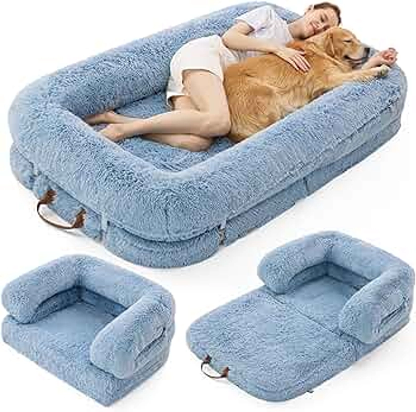 Lesure Foldable Human Dog Bed - 3 in 1 Flexible Giant Human Dog Bed for Adult People with Supportive Bolster Egg Foam, Waterproof Liner, Calming Fluffy Faux Fur Orthopedic Big Bean Bed, Blue