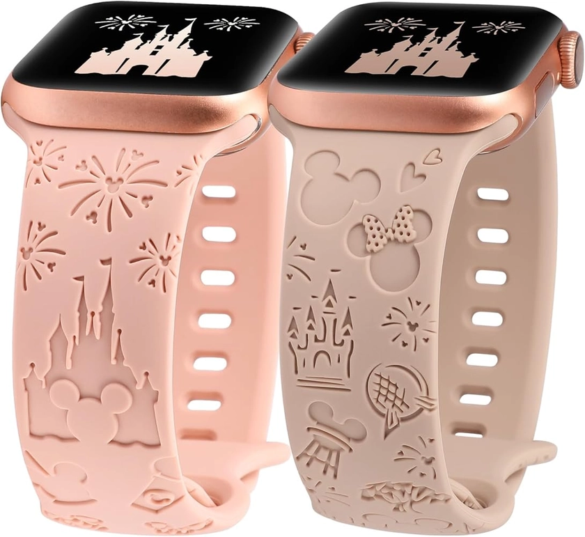 2 Packs Cartoon Engraved Band Compatible with Apple Watch Band 38mm 40mm 41mm 42mm 44mm 45mm 46mm 49mm Women, Cute Designer Soft Silicone Strap for iWatch 10/9/8/7/6/5/4/3/2/1/SE/Ultra/Ultra2