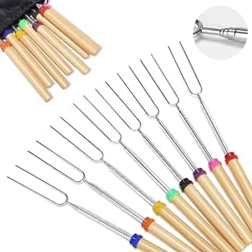 Marshmallow Roasting Sticks with Wooden Handle Extendable Forks Set of 8Pcs 32Inch Telescoping Marshmallow Skewers Campfire Stove BBQ Tools