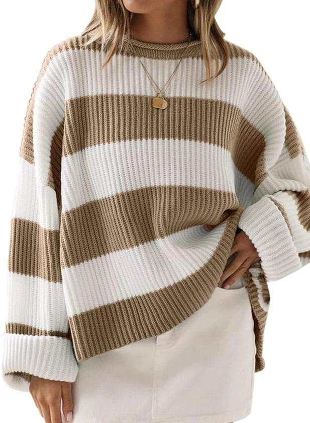 ZESICA Women's 2024 Fall Long Sleeve Crew Neck Striped Color Block Comfy Loose Oversized Knitted Pullover Sweater