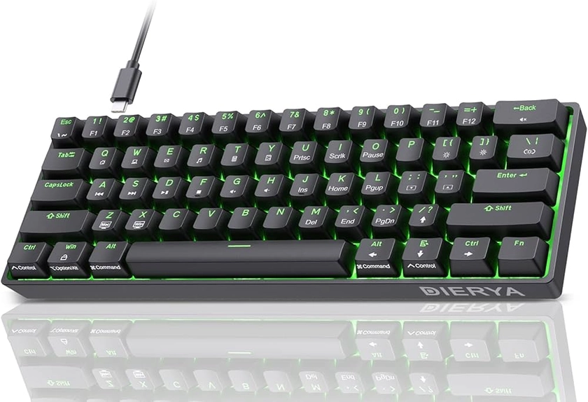 Dierya Clavier Gamer Mécanique 60% Câblé avec Interrupteur Rouge,DK61se Clavier Gaming Rétroéclairage Bleu Glacier,Type-c Mechanical Keyboard Compact 61 Touches Anti-ghosting-US Layout,Noir