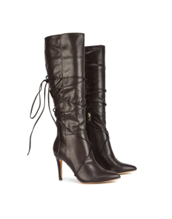 Rebel Pointed Toe Stiletto High Heeled Lace Up Knee High Long Boots in Brown Synthetic Leather