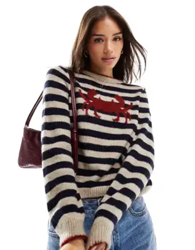 ASOS DESIGN knitted oversized jumper with crab in blue stripe