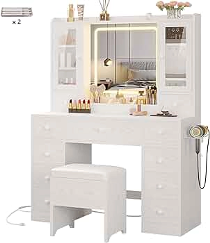 IRONCK Vanity Desk with LED Lights Mirror and Charging Station, Makeup Vanity Table with Jewelry Armoire, Storage Bench, and 11 Drawers, White