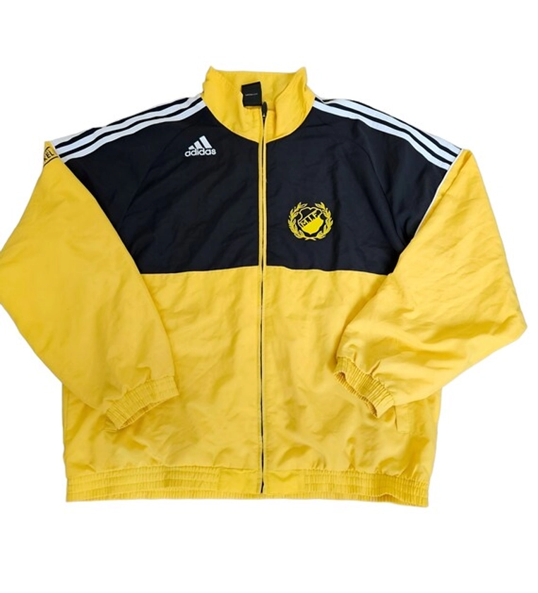 Vintage Yellow Black Adidas Track Jacket with Sports Club Emblem, Retro Adidas Sportswear, Size L