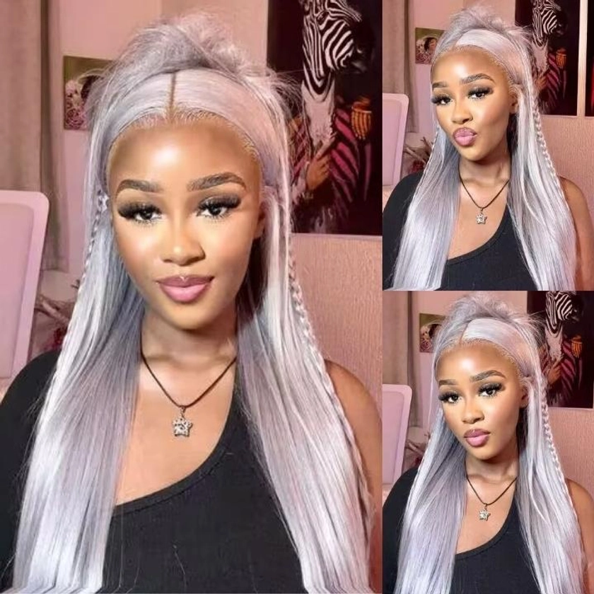 Silver Straight HD Transparent Lace Front Wig Gray Human Hair Wigs Pre Plucked With Baby Hair