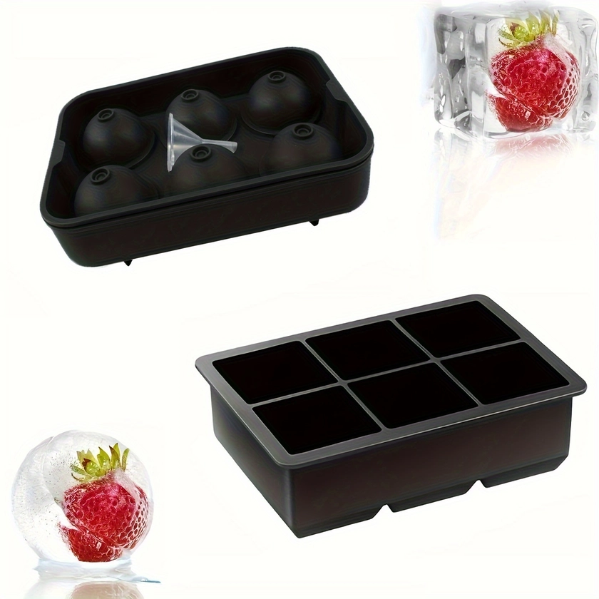 2 Set, Ice Cube Tray, Silicone Ball Ice Cube Maker With Lid, Large Square Ice Cube Mold For Whiskey Ice And Cocktail, Food Grade Silicone Ice Maker Mo