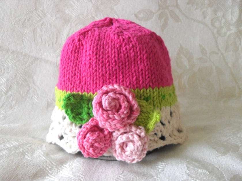 Knitted Rose baby cloche Baby Cap Knitting Knitted Lace Baby Cloche Knit Baby Beanie with Roses baby shower knitted baby gift christening