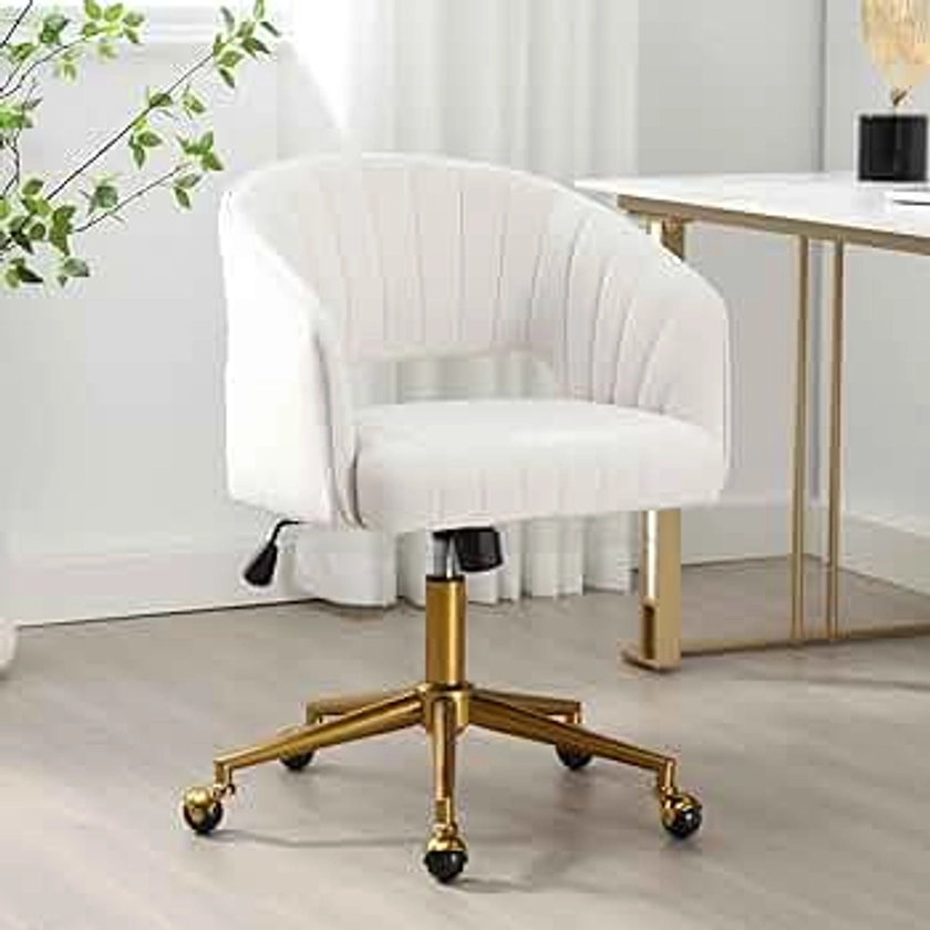 Desk Chair with Wheels, Velvet Home Office Chair, Swivel Armchair Gold Base, Upholstered Modern Accent Chairs, Back Incline Adjustable for Living Room Bedroom Vanity, Off-White Cream