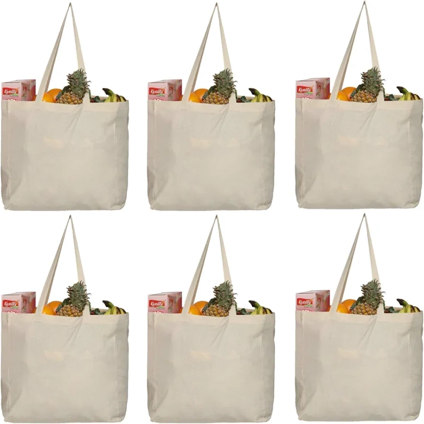 Greenmile 6 Pack Canvas Reusable Grocery Bags - Cotton Canvas Grocery Bag Cloth Shopping Tote With Long Handles Bulk - Heavy Duty Grocery Tote Bag - Large, Foldable and Lightweight - Capacity 40 lbs