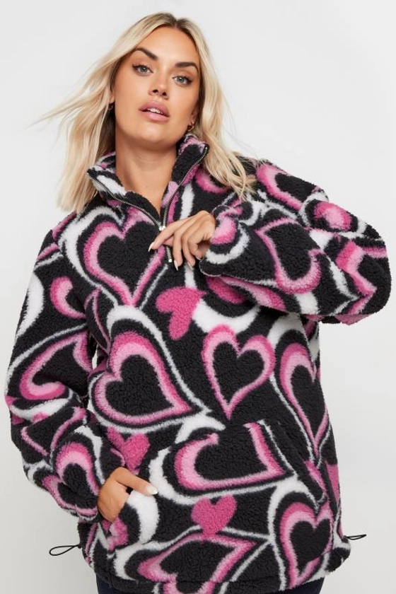 YOURS Plus Size Black & Pink Heart Print Quarter Zip Teddy Fleece