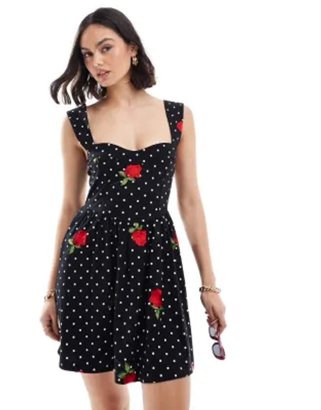 ASOS DESIGN - Robe caraco courte à broderies - Noir à pois blancs