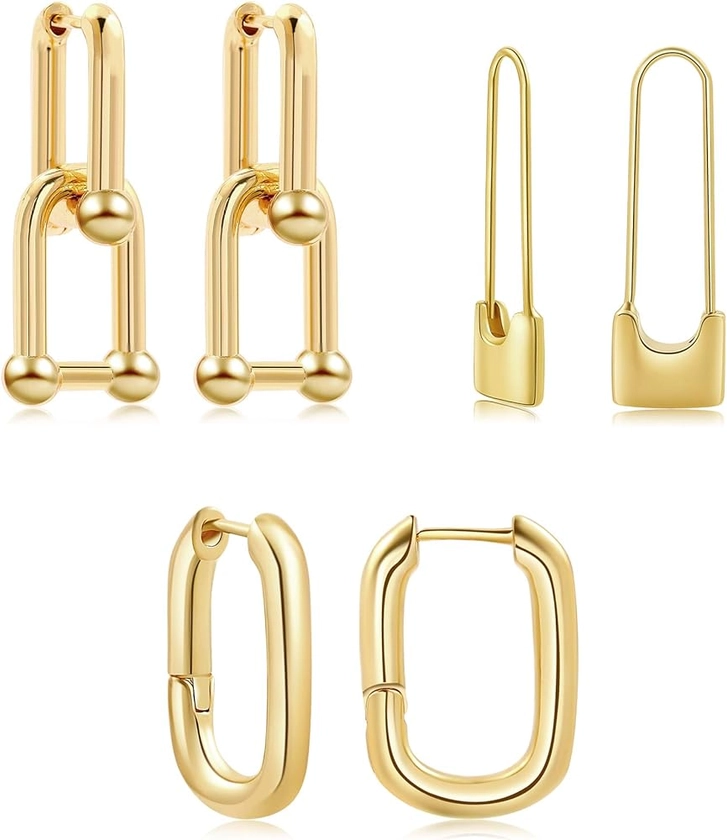 Amazon.com: SLOONG 3 Pairs 14k Gold Plated U Shape Y2K Style Chunky Earring Link Chain Circle Hoop Earrings Jewelry Drop Dangle Earrings Set for Women Teen Girls: Clothing, Shoes & Jewelry