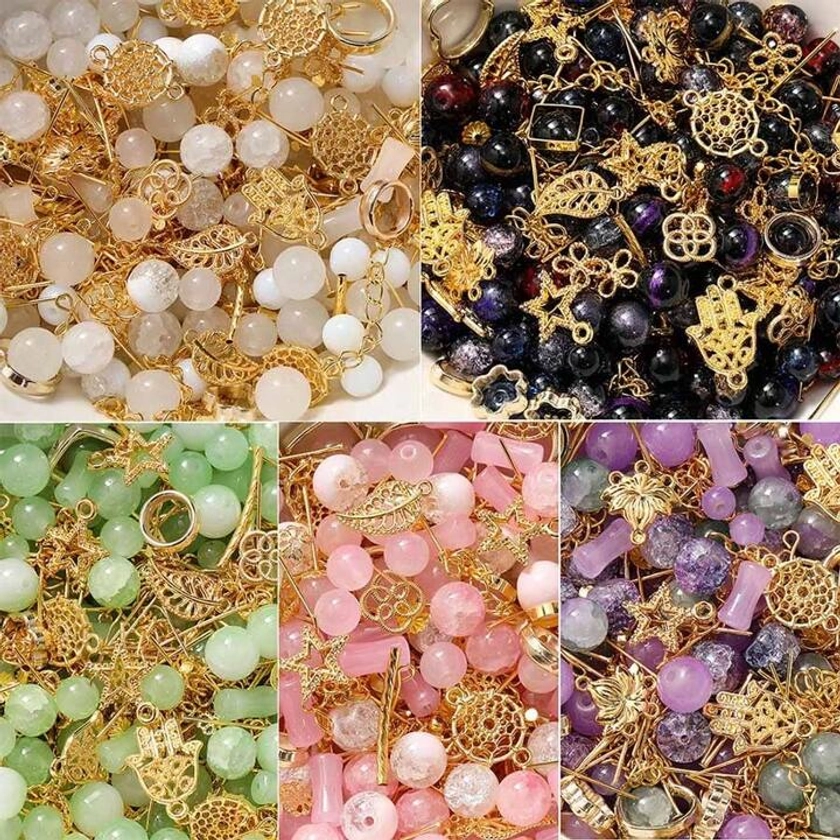 30g/Pack Multicolor Crackled Mixed Glass Bead & Metallic Pendant & Spacer Bead Diy Jewelry Making Findings For Bracelet, Necklace, Anklet