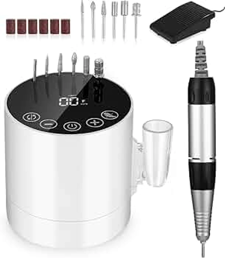 Electric Nail Drill File, 35000 RPM Electric Nail Files Adjustable Speed, Professional Nail Files for Acrylic and Gel Nails, Electric Manicure Pedicure Kit with LCD Display Touchscreen Buttons