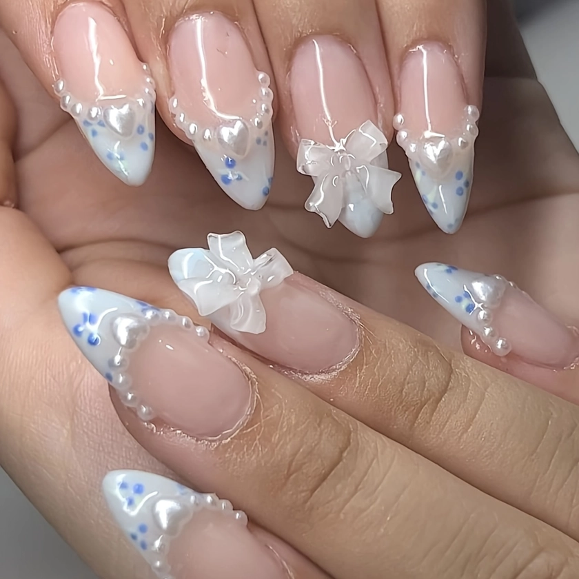 Shaped Nails Blue Polka Dot Pearl Bow - Temu