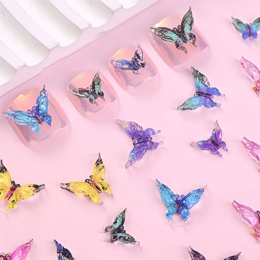 50pcs Resin Mixed Colors Butterfly Nail Art Charms, Flat Back Bowknot Design, Colorful Mini Embellishments For DIY Manicure Decors Craft Supplies